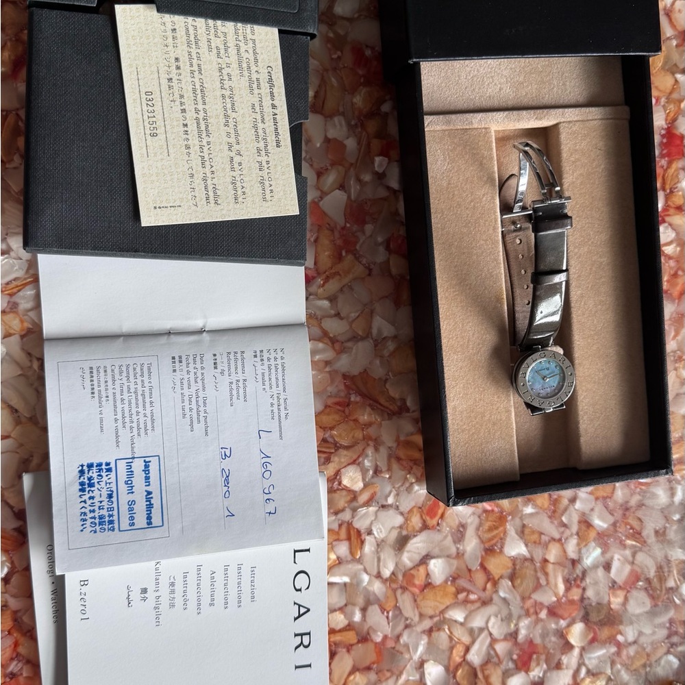 Bulgari Women's Silver Watch with Black Leather Strap